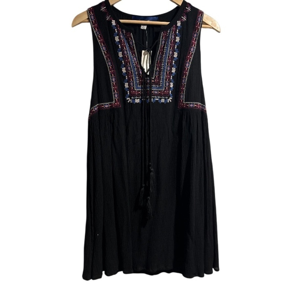 Blue rain dress Francesca’s Black Embroidered Sleeveless small boho tassel NEW